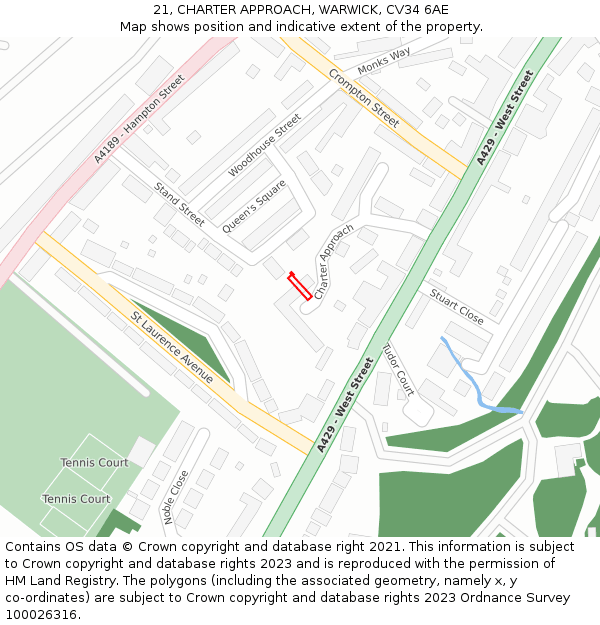 21, CHARTER APPROACH, WARWICK, CV34 6AE: Location map and indicative extent of plot