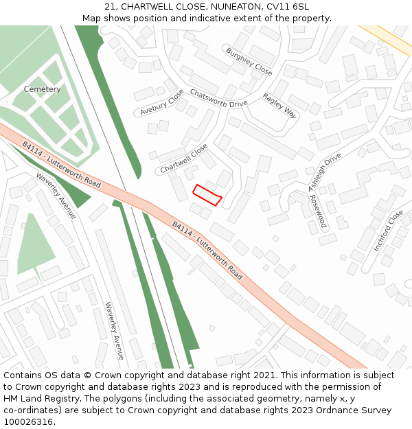 21, CHARTWELL CLOSE, NUNEATON, CV11 6SL: Location map and indicative extent of plot