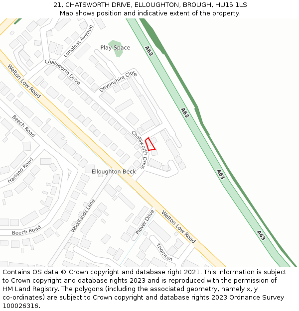 21, CHATSWORTH DRIVE, ELLOUGHTON, BROUGH, HU15 1LS: Location map and indicative extent of plot