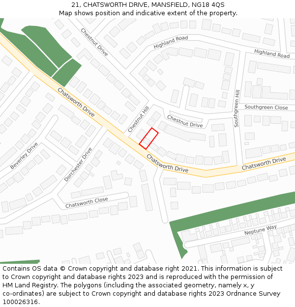 21, CHATSWORTH DRIVE, MANSFIELD, NG18 4QS: Location map and indicative extent of plot