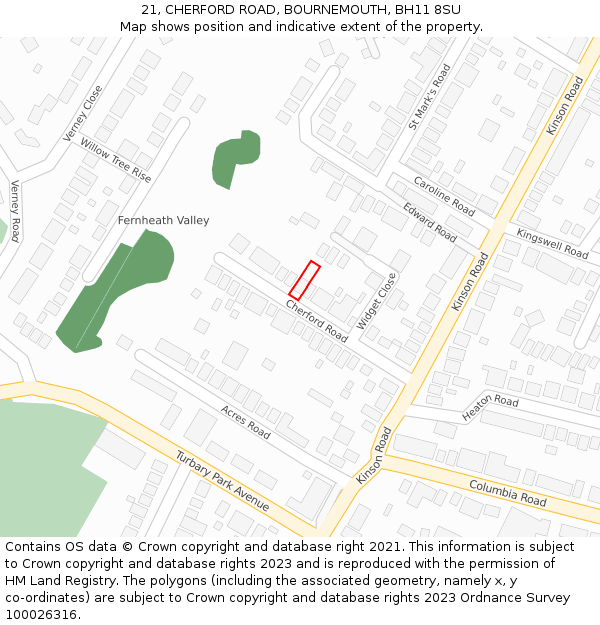 21, CHERFORD ROAD, BOURNEMOUTH, BH11 8SU: Location map and indicative extent of plot