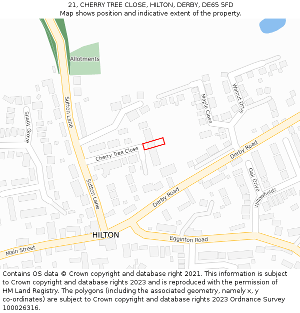 21, CHERRY TREE CLOSE, HILTON, DERBY, DE65 5FD: Location map and indicative extent of plot