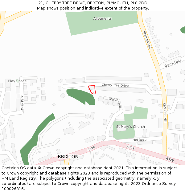 21, CHERRY TREE DRIVE, BRIXTON, PLYMOUTH, PL8 2DD: Location map and indicative extent of plot