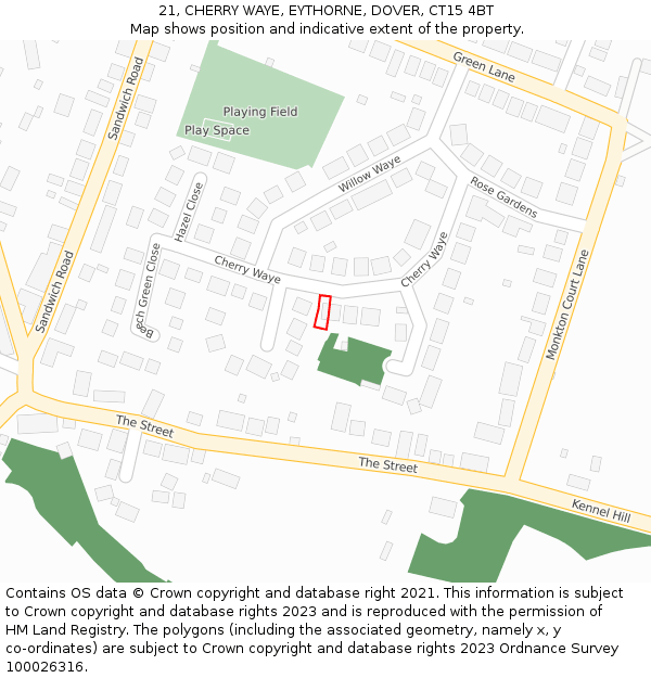 21, CHERRY WAYE, EYTHORNE, DOVER, CT15 4BT: Location map and indicative extent of plot