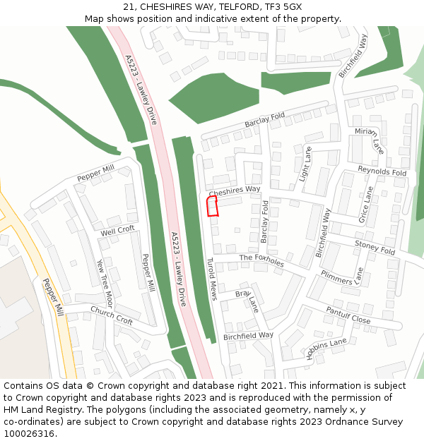 21, CHESHIRES WAY, TELFORD, TF3 5GX: Location map and indicative extent of plot