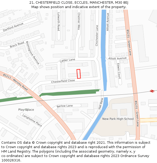 21, CHESTERFIELD CLOSE, ECCLES, MANCHESTER, M30 8EJ: Location map and indicative extent of plot