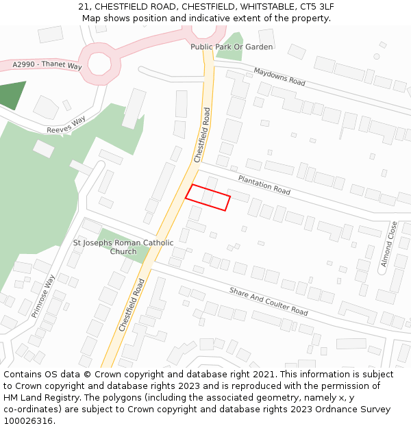 21, CHESTFIELD ROAD, CHESTFIELD, WHITSTABLE, CT5 3LF: Location map and indicative extent of plot