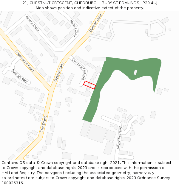 21, CHESTNUT CRESCENT, CHEDBURGH, BURY ST EDMUNDS, IP29 4UJ: Location map and indicative extent of plot