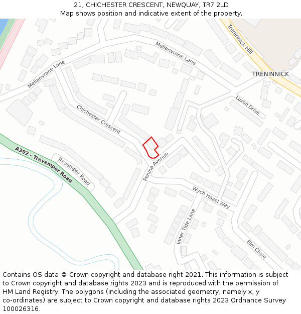 21, CHICHESTER CRESCENT, NEWQUAY, TR7 2LD: Location map and indicative extent of plot