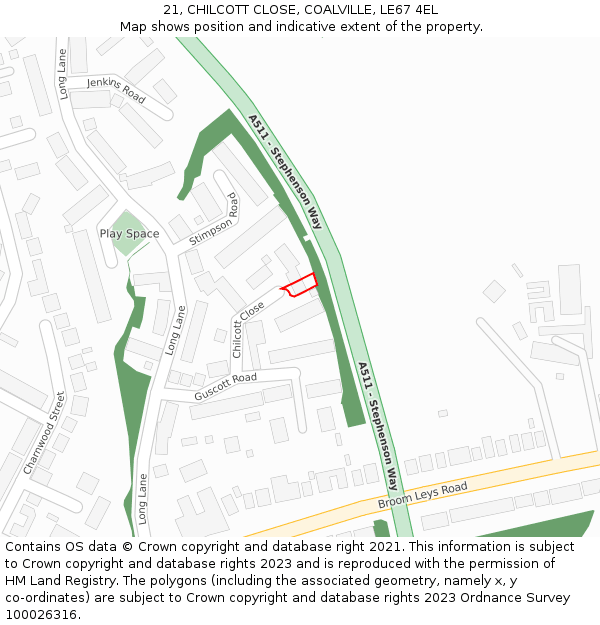 21, CHILCOTT CLOSE, COALVILLE, LE67 4EL: Location map and indicative extent of plot