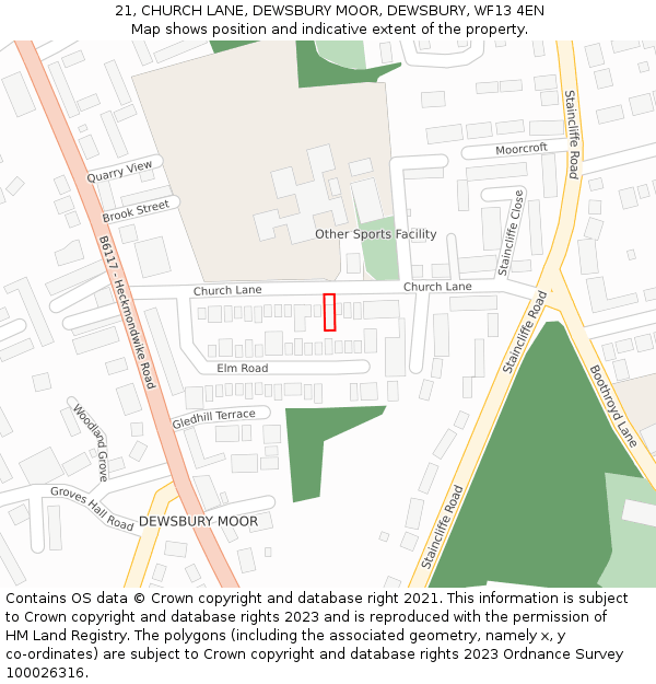 21, CHURCH LANE, DEWSBURY MOOR, DEWSBURY, WF13 4EN: Location map and indicative extent of plot