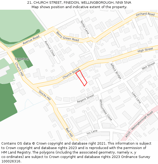 21, CHURCH STREET, FINEDON, WELLINGBOROUGH, NN9 5NA: Location map and indicative extent of plot