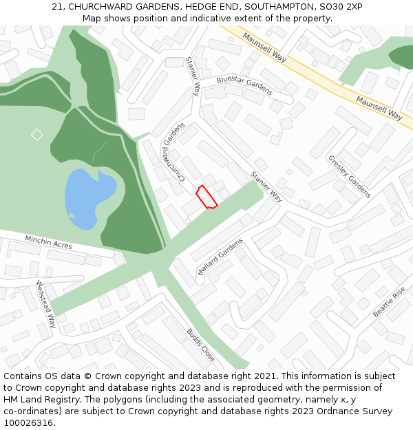 21, CHURCHWARD GARDENS, HEDGE END, SOUTHAMPTON, SO30 2XP: Location map and indicative extent of plot