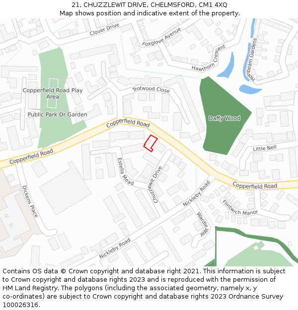 21, CHUZZLEWIT DRIVE, CHELMSFORD, CM1 4XQ: Location map and indicative extent of plot