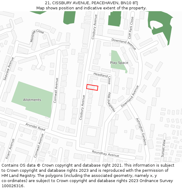 21, CISSBURY AVENUE, PEACEHAVEN, BN10 8TJ: Location map and indicative extent of plot