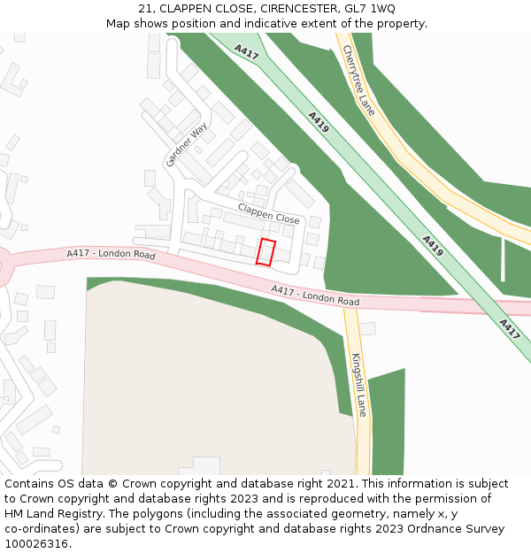 21, CLAPPEN CLOSE, CIRENCESTER, GL7 1WQ: Location map and indicative extent of plot