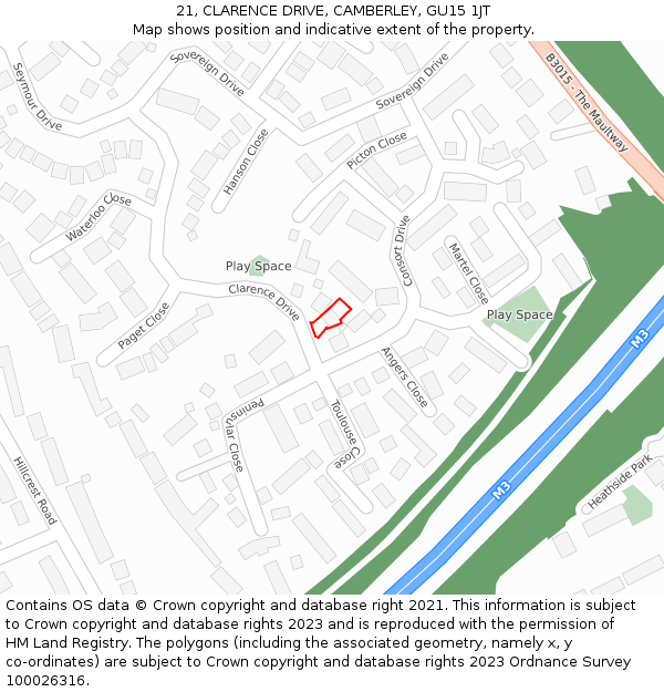 21, CLARENCE DRIVE, CAMBERLEY, GU15 1JT: Location map and indicative extent of plot