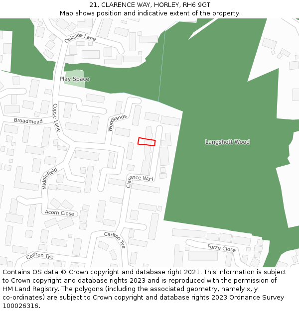 21, CLARENCE WAY, HORLEY, RH6 9GT: Location map and indicative extent of plot