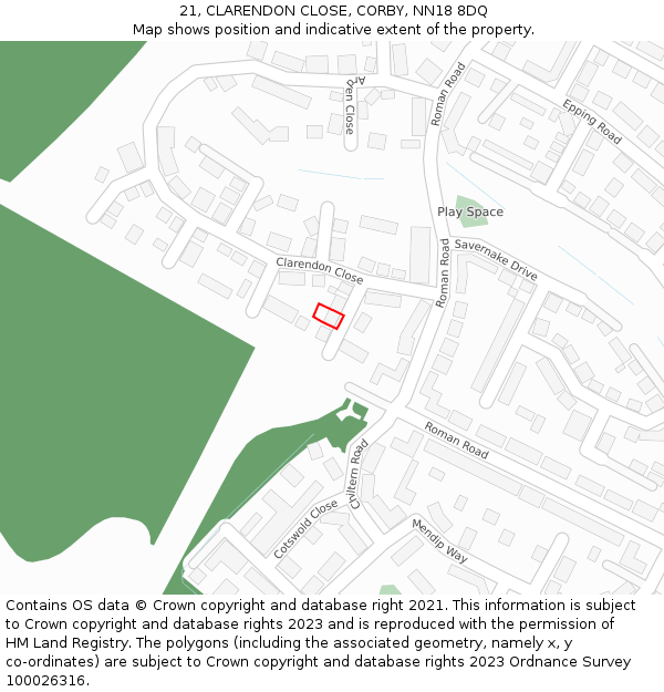 21, CLARENDON CLOSE, CORBY, NN18 8DQ: Location map and indicative extent of plot