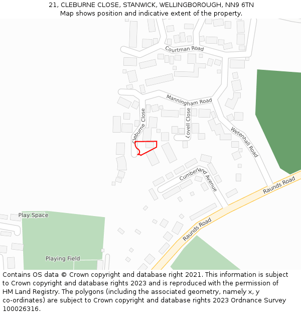 21, CLEBURNE CLOSE, STANWICK, WELLINGBOROUGH, NN9 6TN: Location map and indicative extent of plot