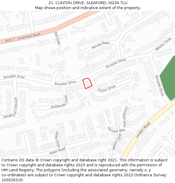 21, CLINTON DRIVE, SLEAFORD, NG34 7LU: Location map and indicative extent of plot