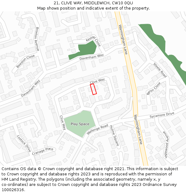 21, CLIVE WAY, MIDDLEWICH, CW10 0QU: Location map and indicative extent of plot
