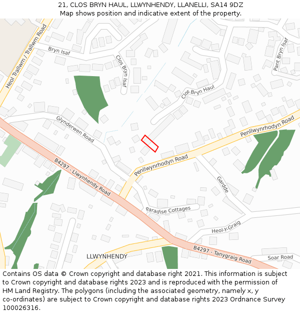 21, CLOS BRYN HAUL, LLWYNHENDY, LLANELLI, SA14 9DZ: Location map and indicative extent of plot