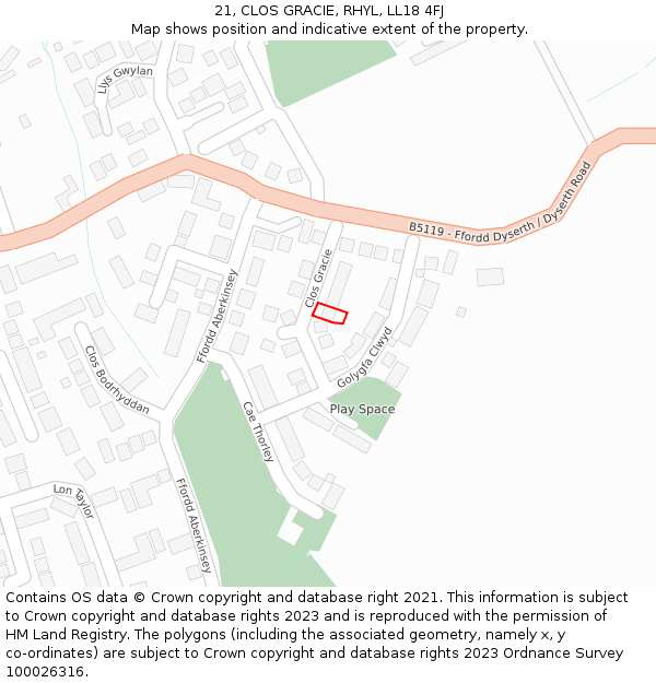 21, CLOS GRACIE, RHYL, LL18 4FJ: Location map and indicative extent of plot