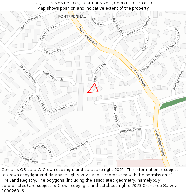 21, CLOS NANT Y COR, PONTPRENNAU, CARDIFF, CF23 8LD: Location map and indicative extent of plot