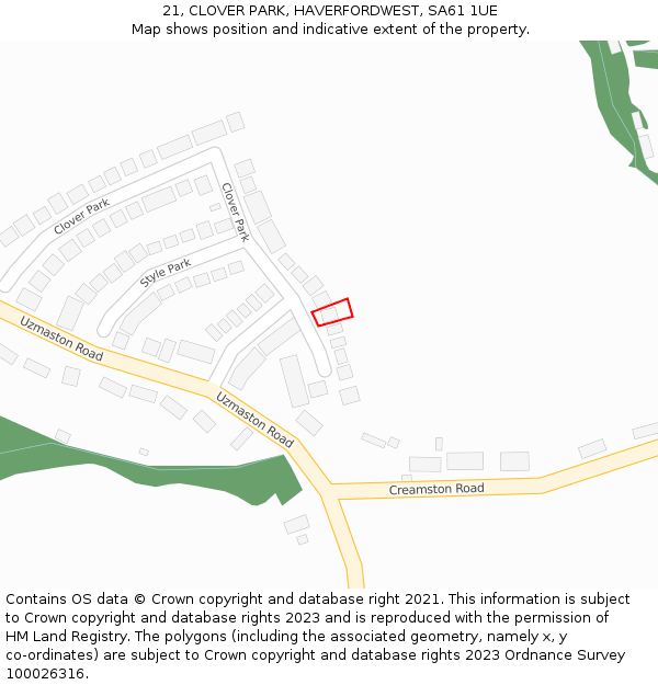 21, CLOVER PARK, HAVERFORDWEST, SA61 1UE: Location map and indicative extent of plot