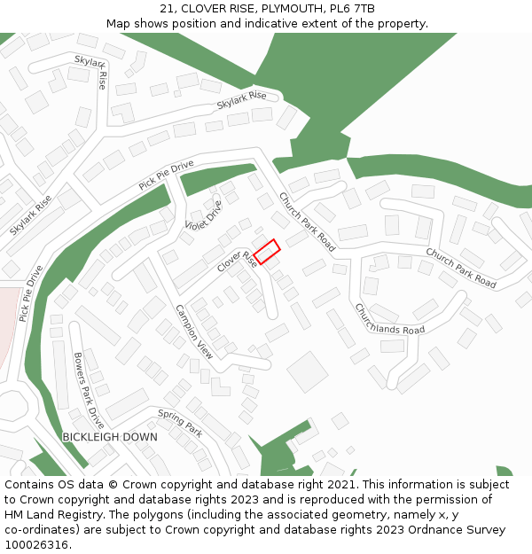 21, CLOVER RISE, PLYMOUTH, PL6 7TB: Location map and indicative extent of plot