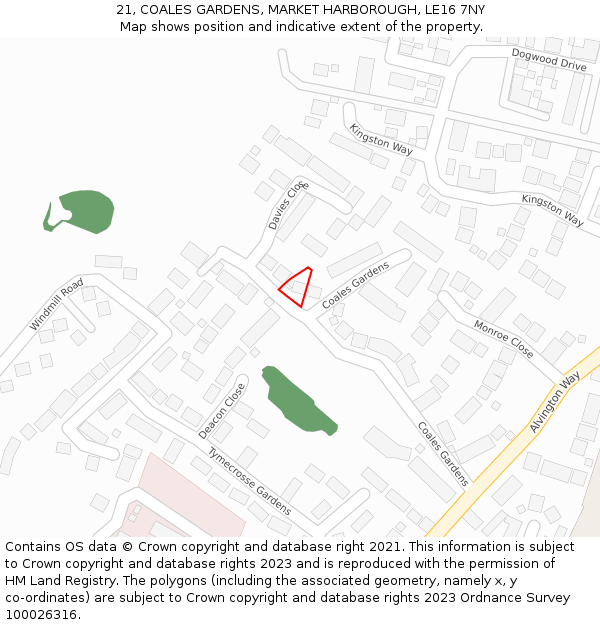 21, COALES GARDENS, MARKET HARBOROUGH, LE16 7NY: Location map and indicative extent of plot