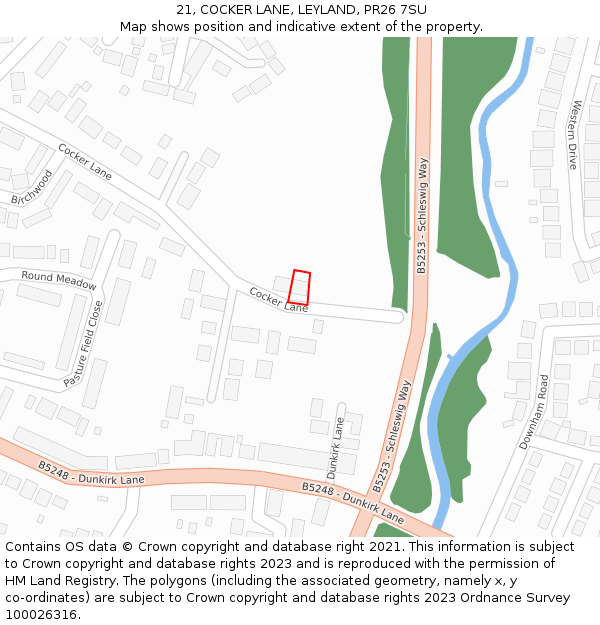 21, COCKER LANE, LEYLAND, PR26 7SU: Location map and indicative extent of plot