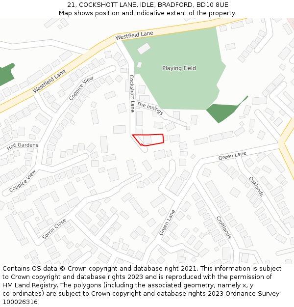 21, COCKSHOTT LANE, IDLE, BRADFORD, BD10 8UE: Location map and indicative extent of plot