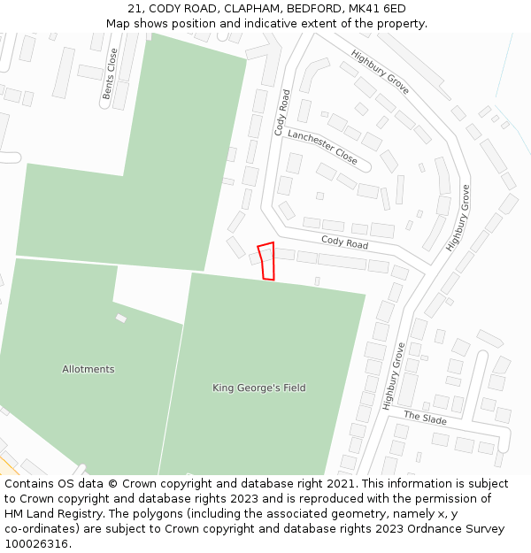 21, CODY ROAD, CLAPHAM, BEDFORD, MK41 6ED: Location map and indicative extent of plot