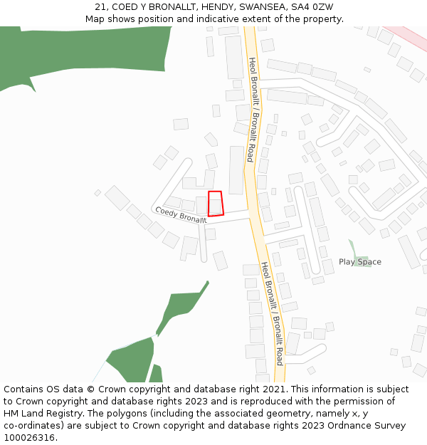 21, COED Y BRONALLT, HENDY, SWANSEA, SA4 0ZW: Location map and indicative extent of plot