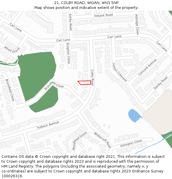 21, COLBY ROAD, WIGAN, WN3 5NP: Location map and indicative extent of plot