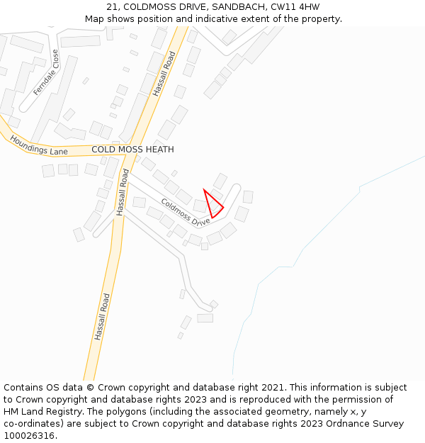 21, COLDMOSS DRIVE, SANDBACH, CW11 4HW: Location map and indicative extent of plot