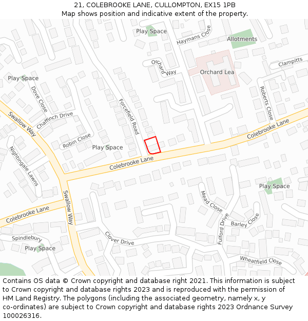 21, COLEBROOKE LANE, CULLOMPTON, EX15 1PB: Location map and indicative extent of plot