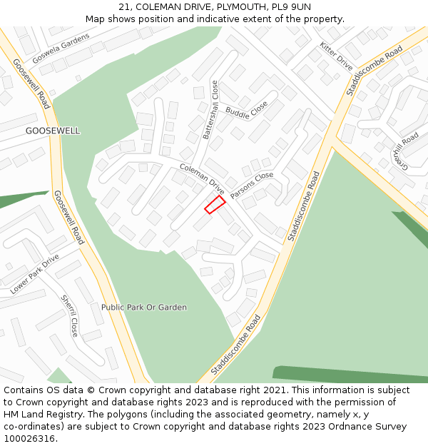 21, COLEMAN DRIVE, PLYMOUTH, PL9 9UN: Location map and indicative extent of plot