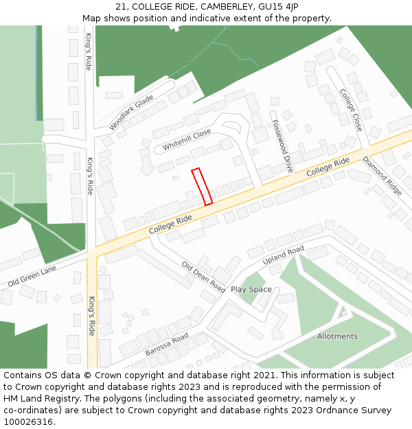 21, COLLEGE RIDE, CAMBERLEY, GU15 4JP: Location map and indicative extent of plot