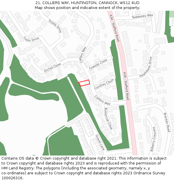 21, COLLIERS WAY, HUNTINGTON, CANNOCK, WS12 4UD: Location map and indicative extent of plot