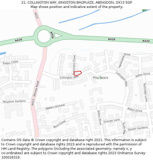 21, COLLINGTON WAY, KINGSTON BAGPUIZE, ABINGDON, OX13 5GP: Location map and indicative extent of plot