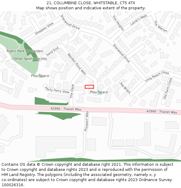 21, COLUMBINE CLOSE, WHITSTABLE, CT5 4TX: Location map and indicative extent of plot