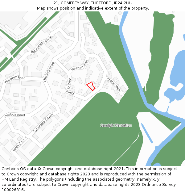 21, COMFREY WAY, THETFORD, IP24 2UU: Location map and indicative extent of plot