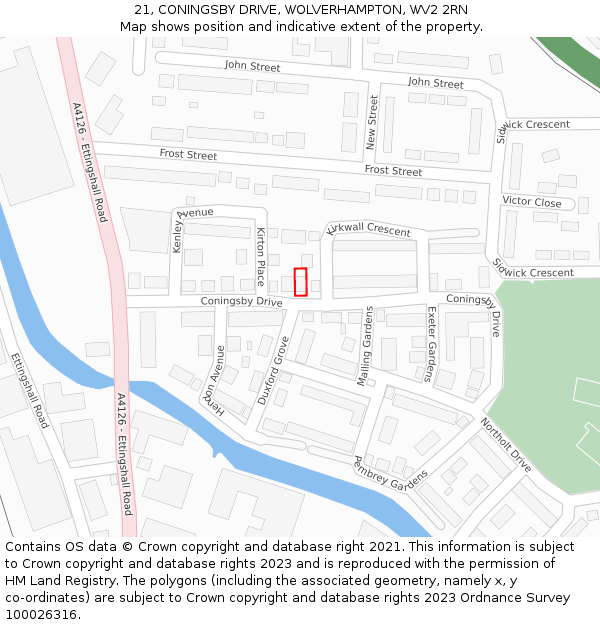 21, CONINGSBY DRIVE, WOLVERHAMPTON, WV2 2RN: Location map and indicative extent of plot