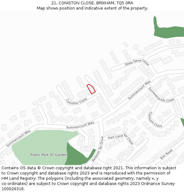21, CONISTON CLOSE, BRIXHAM, TQ5 0RA: Location map and indicative extent of plot