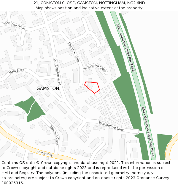 21, CONISTON CLOSE, GAMSTON, NOTTINGHAM, NG2 6ND: Location map and indicative extent of plot