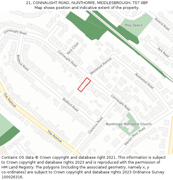 21, CONNAUGHT ROAD, NUNTHORPE, MIDDLESBROUGH, TS7 0BP: Location map and indicative extent of plot