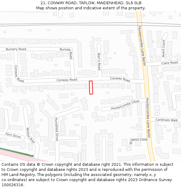 21, CONWAY ROAD, TAPLOW, MAIDENHEAD, SL6 0LB: Location map and indicative extent of plot